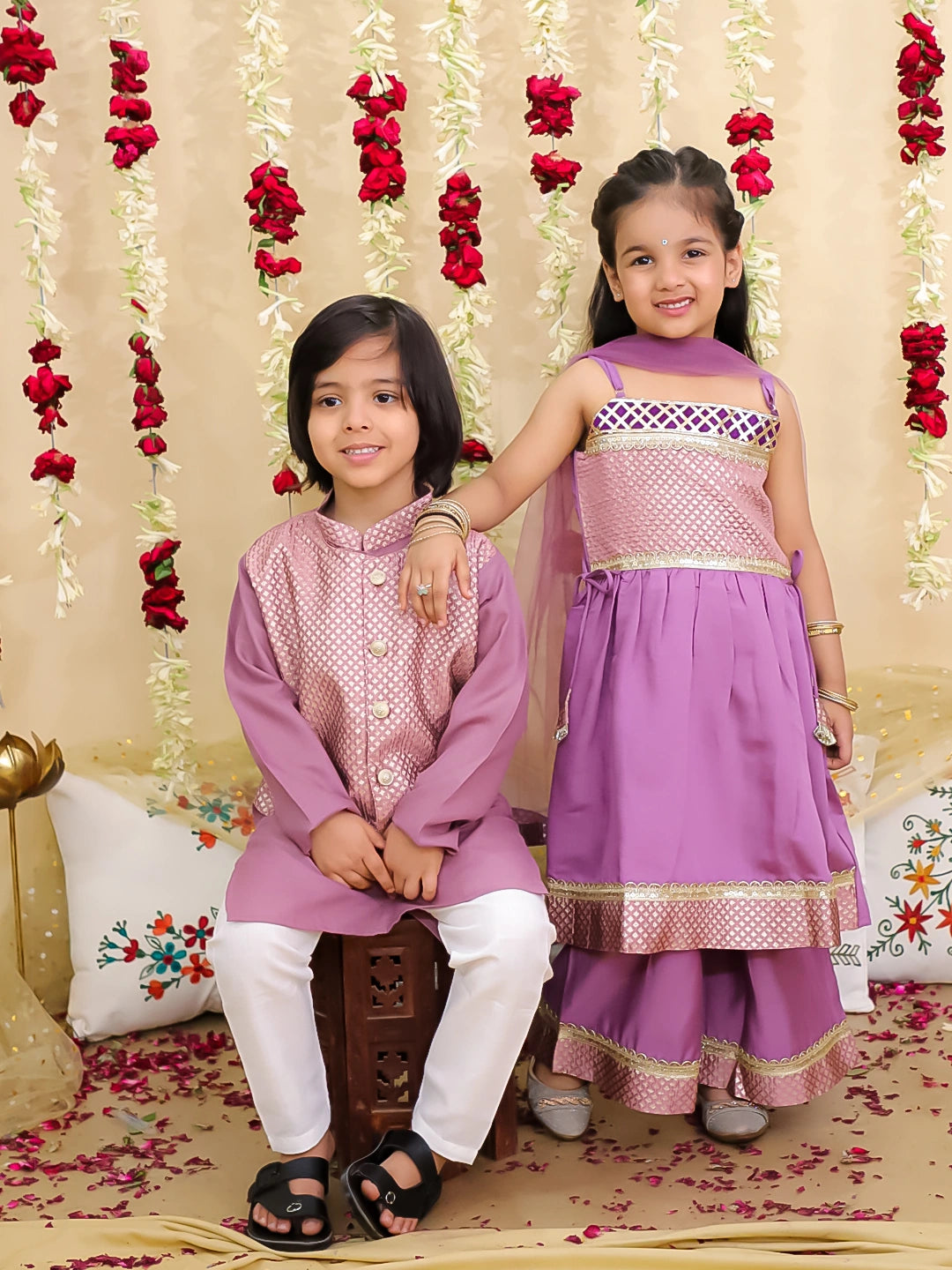 BownBee Jacquard sharara Suit With Dupatta & Kurta Pajama With Attached Jacket Sibling Set - Lilac