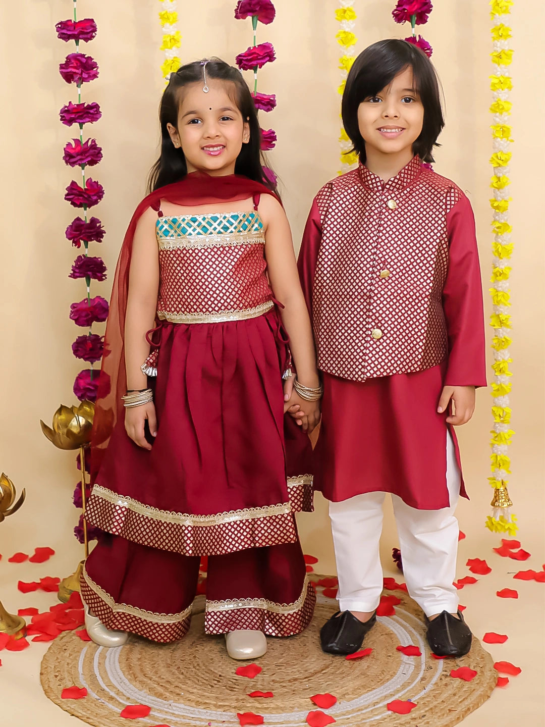 BownBee festive Silk Anarkali Suit Set With Jacquard Jacket Kurta Pajama Sibling Set - Maroon