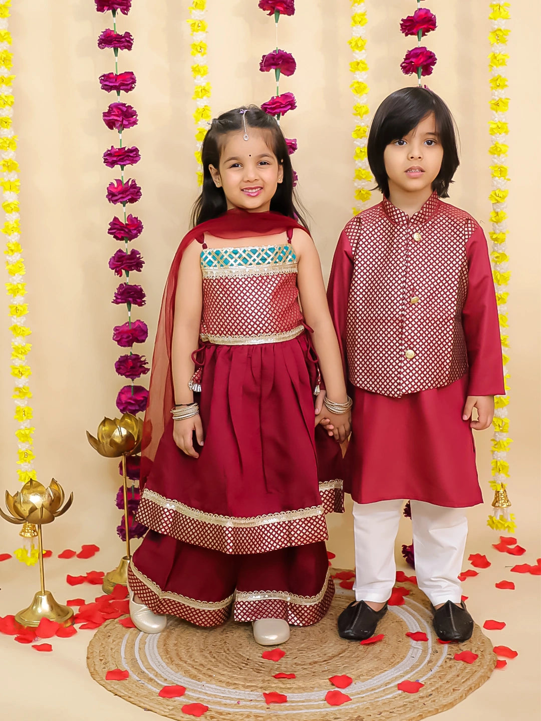 BownBee festive Silk Anarkali Suit Set With Jacquard Jacket Kurta Pajama Sibling Set - Maroon