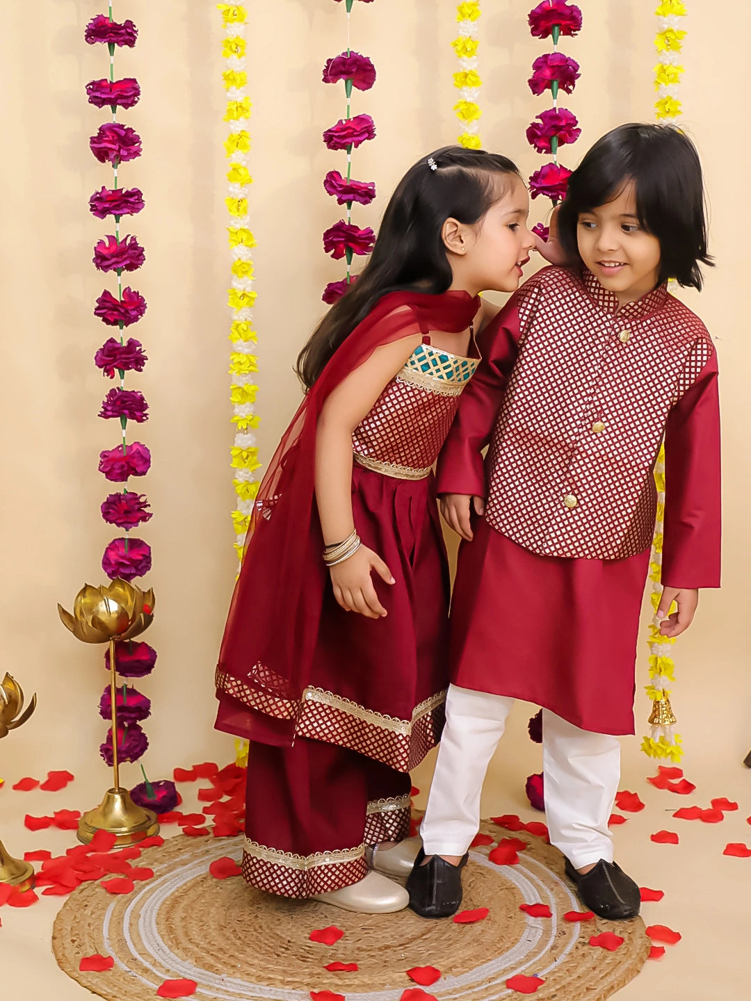 BownBee festive Silk Anarkali Suit Set With Jacquard Jacket Kurta Pajama Sibling Set - Maroon