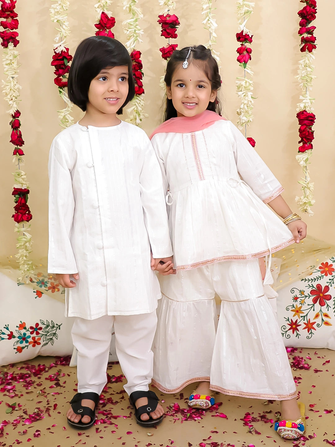 BownBee Pure Cotton Lurex Sharara Suit with Dupatta & Kurta Pajama Sibling Set | Ethnic Wear for Kids – White (Pre Order)