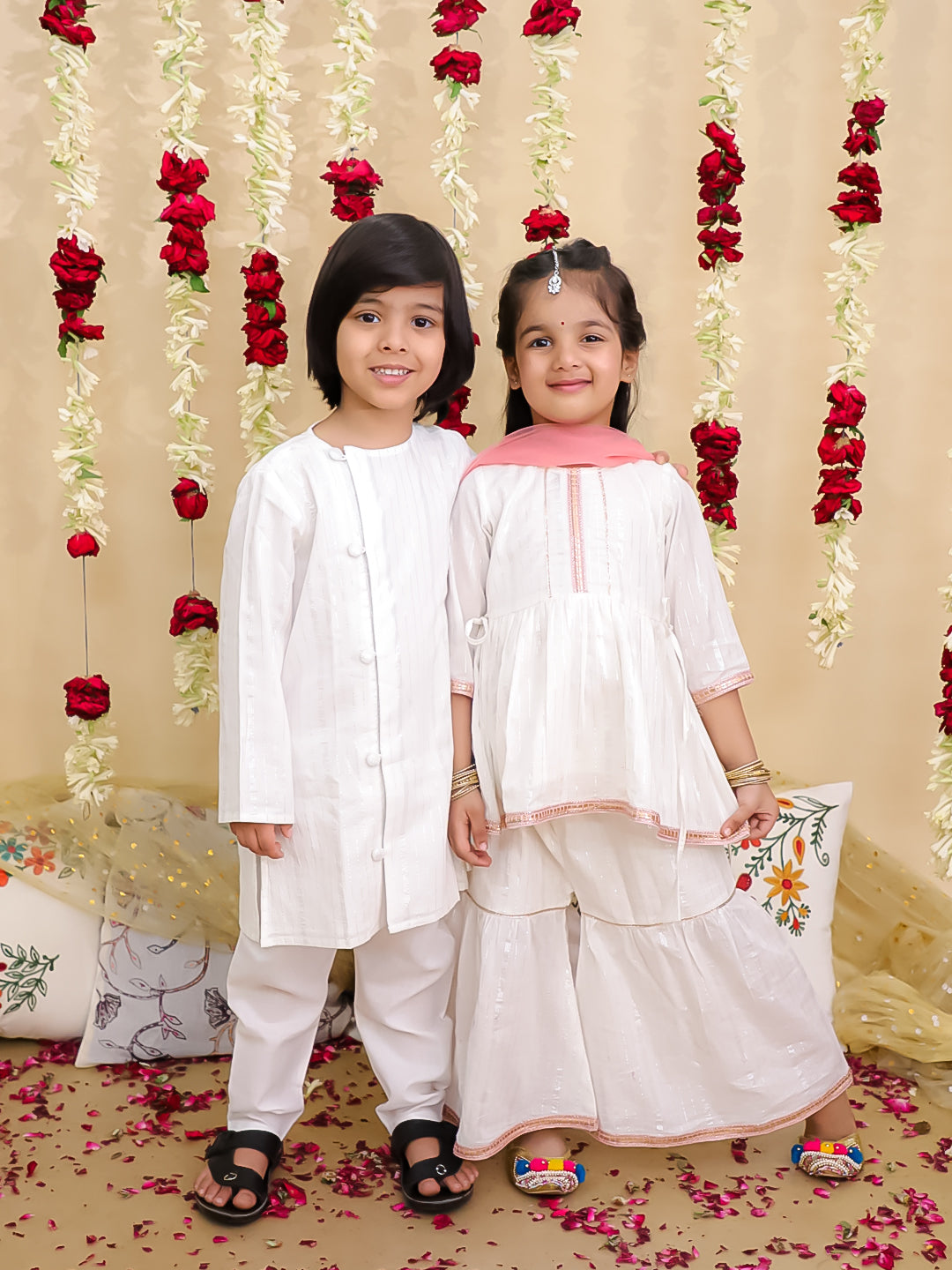 BownBee Pure Cotton Lurex Sharara Suit with Dupatta & Kurta Pajama Sibling Set | Ethnic Wear for Kids – White (Pre Order)