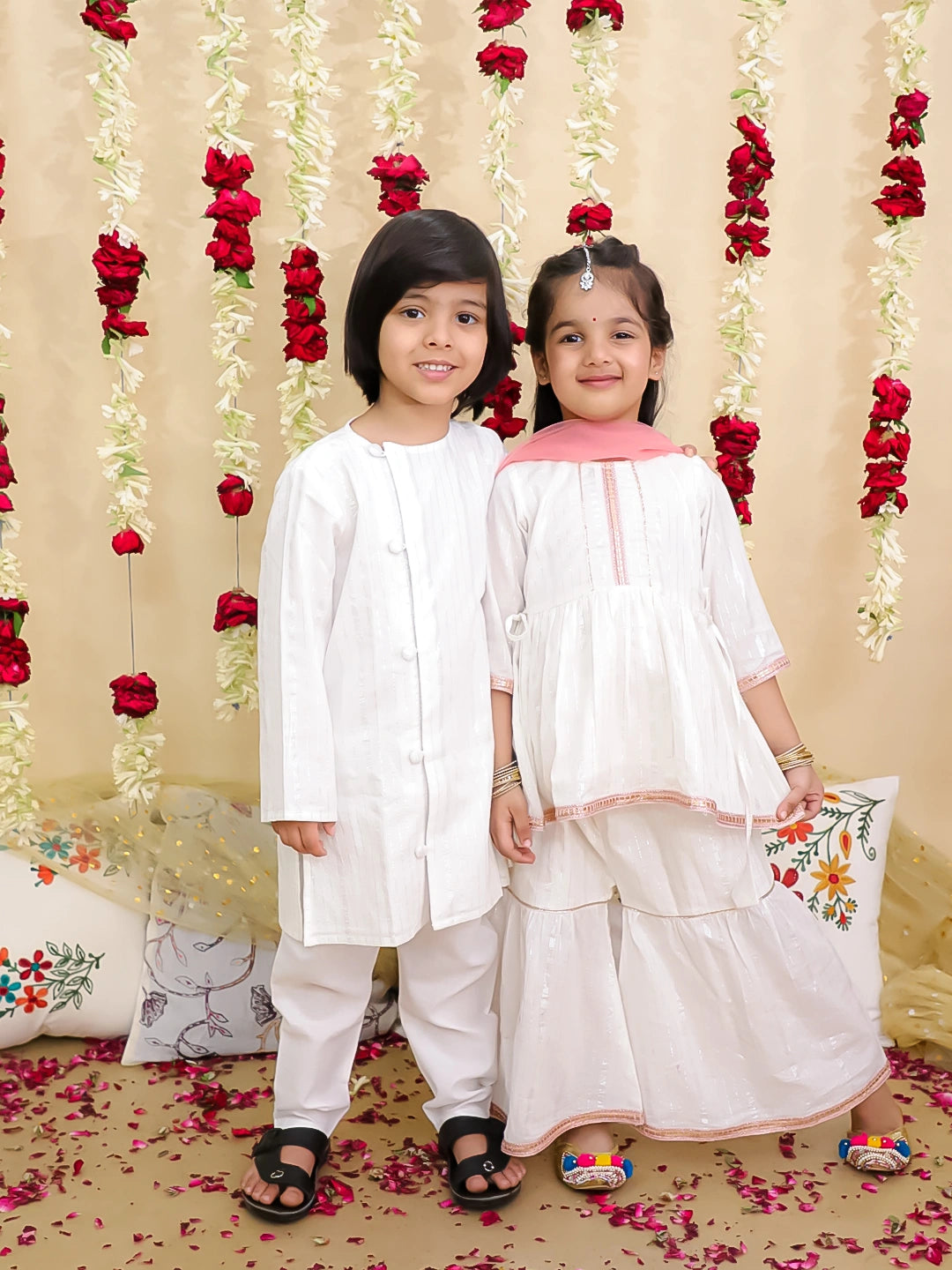 BownBee Pure Cotton Lurex Sharara Suit with Dupatta & Kurta Pajama Sibling Set | Ethnic Wear for Kids – White (Pre Order)