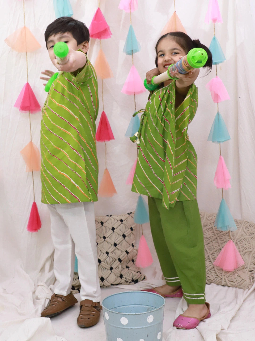 BownBee Pure cotton Lehriya Kurta Pajama & Kaftan With Palazzo Sibling Set - Green