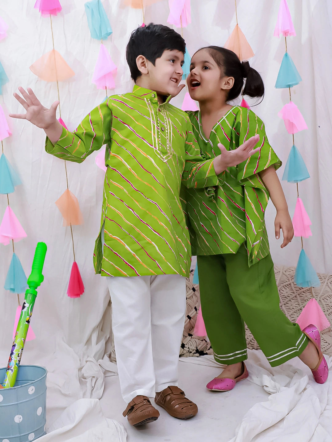BownBee Pure cotton Lehriya Kurta Pajama & Kaftan With Palazzo Sibling Set - Green