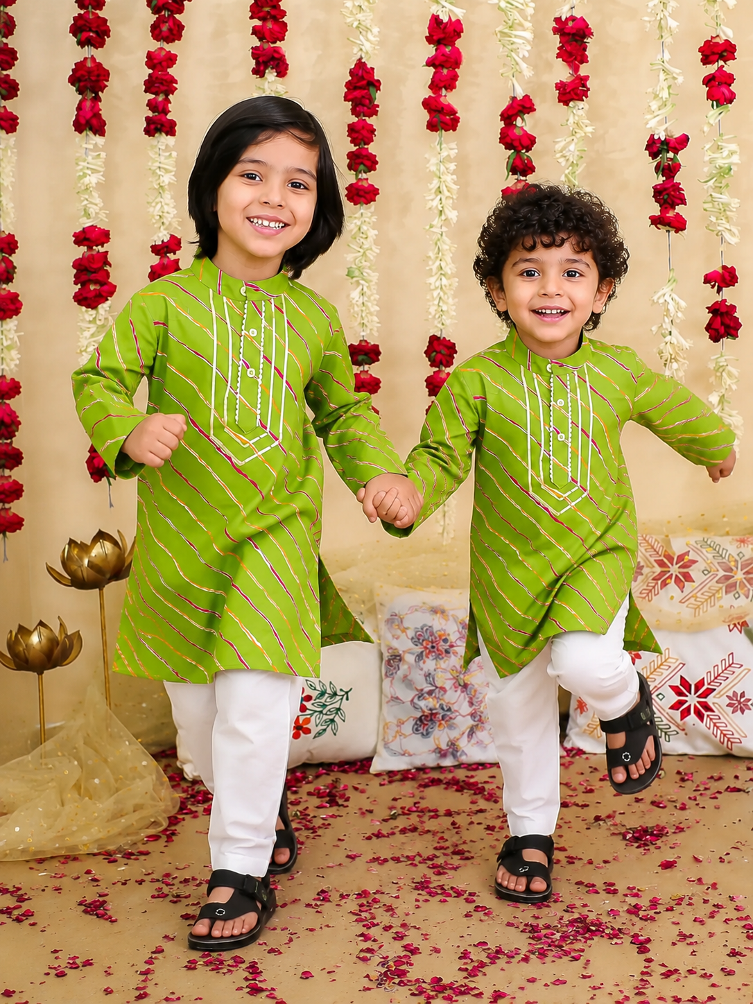 BownBee Pure Cotton Full Sleeve Kurta Pajama Sibling Set Combo - Green