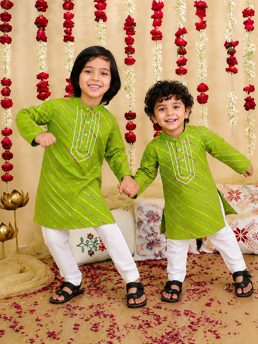 BownBee Pure Cotton Full Sleeve Kurta Pajama Sibling Set Combo - Green