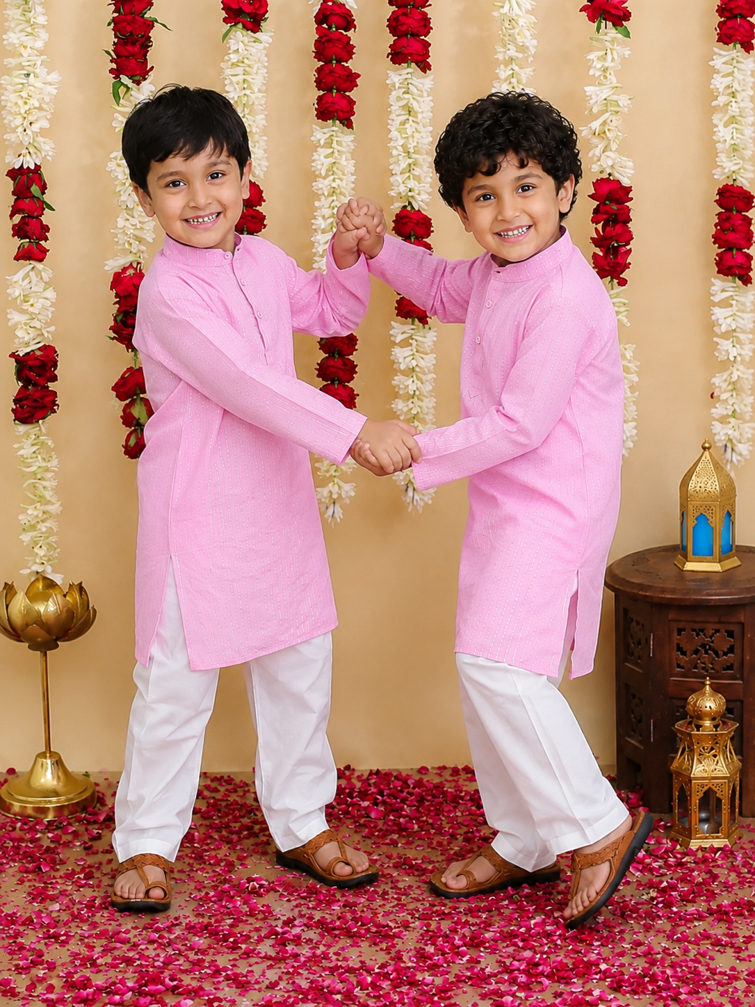 BownBee Lurex Kurta Pajama Sibling Set Combo - Pink