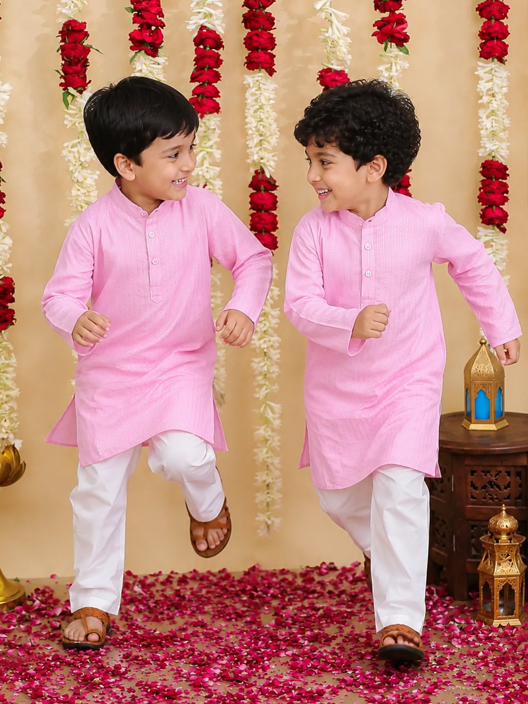 BownBee Lurex Kurta Pajama Sibling Set Combo - Pink
