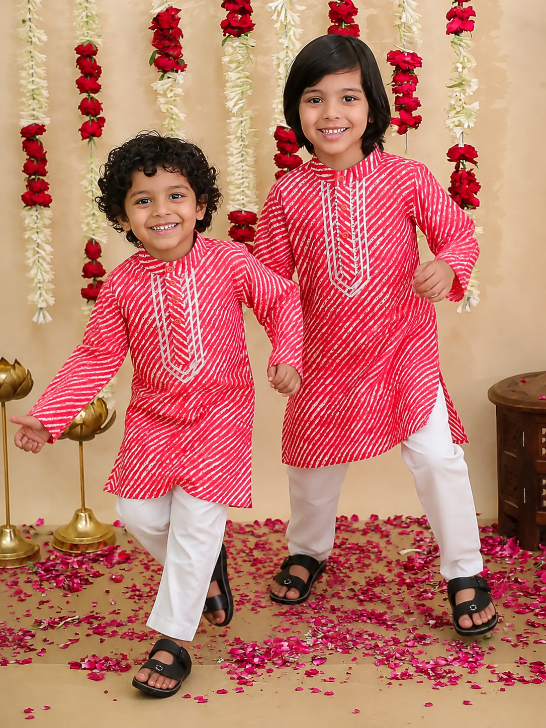 BownBee Pure Cotton Full Sleeve Kurta Pajama Sibling Set Combo - Red