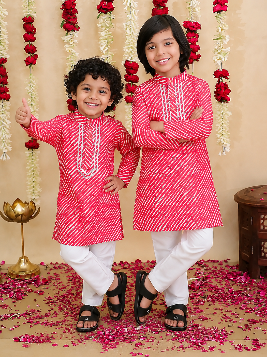 BownBee Pure Cotton Full Sleeve Kurta Pajama Sibling Set Combo - Red