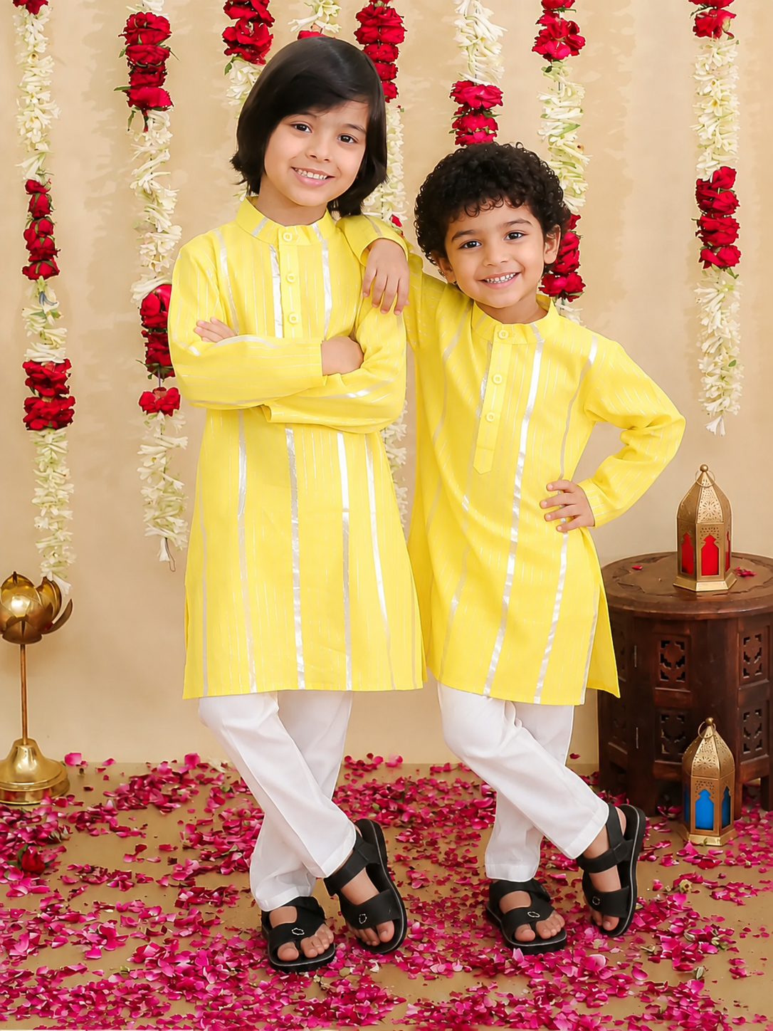BownBee Lurex Full Sleeve Kurta Pajama Sibling Set Combo - Yellow