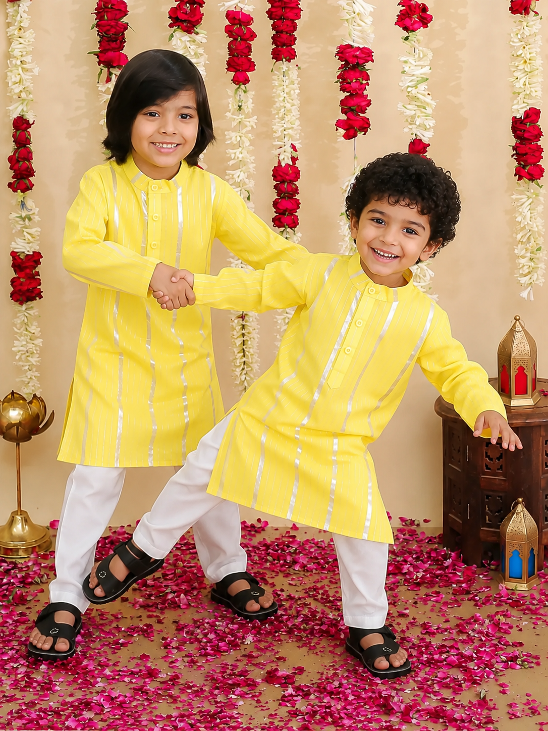 BownBee Lurex Full Sleeve Kurta Pajama Sibling Set Combo - Yellow