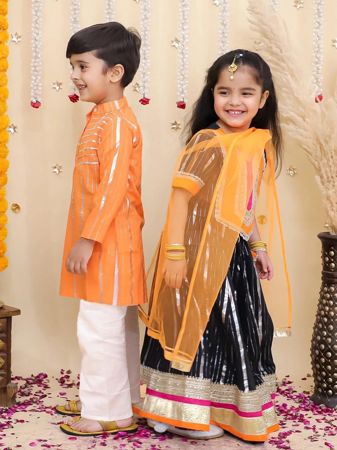 BownBee Pure Cotton Lurex Kurta Pajama & Lehenga Choli With Dupatta Sibling Set