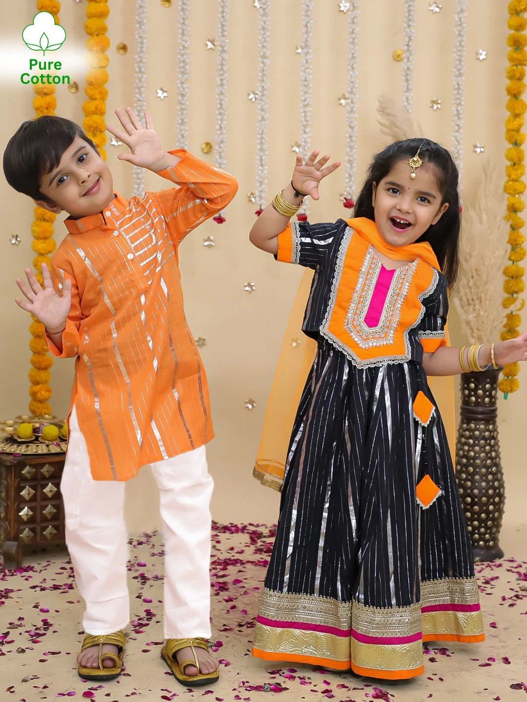 BownBee Pure Cotton Lurex Kurta Pajama & Lehenga Choli With Dupatta Sibling Set