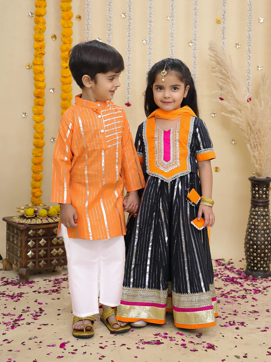 BownBee Pure Cotton Lurex Kurta Pajama & Lehenga Choli With Dupatta Sibling Set