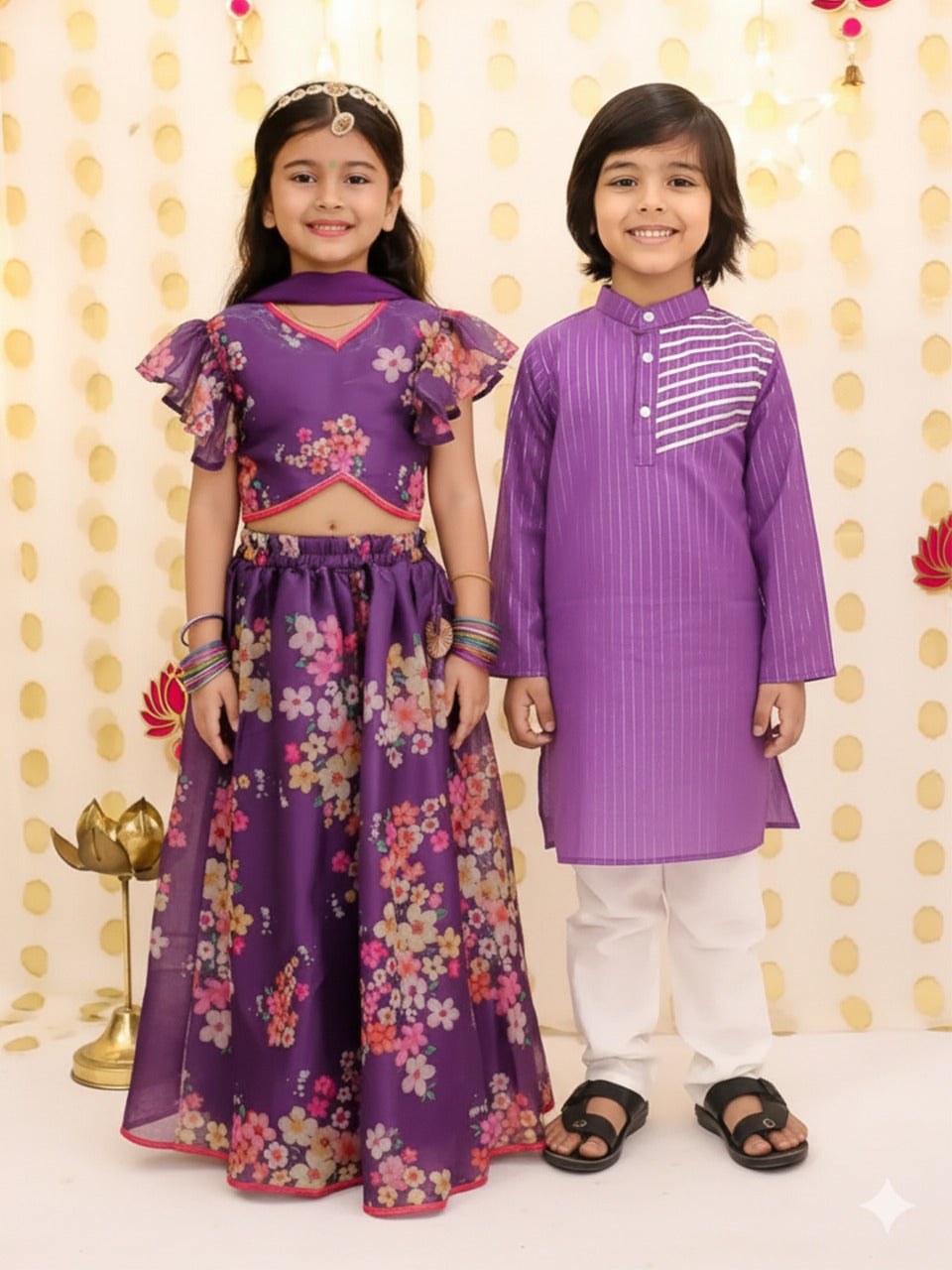 BownBee Floral lehenga Choli With Lurex Kurta Pajama Sibling Set - Purple