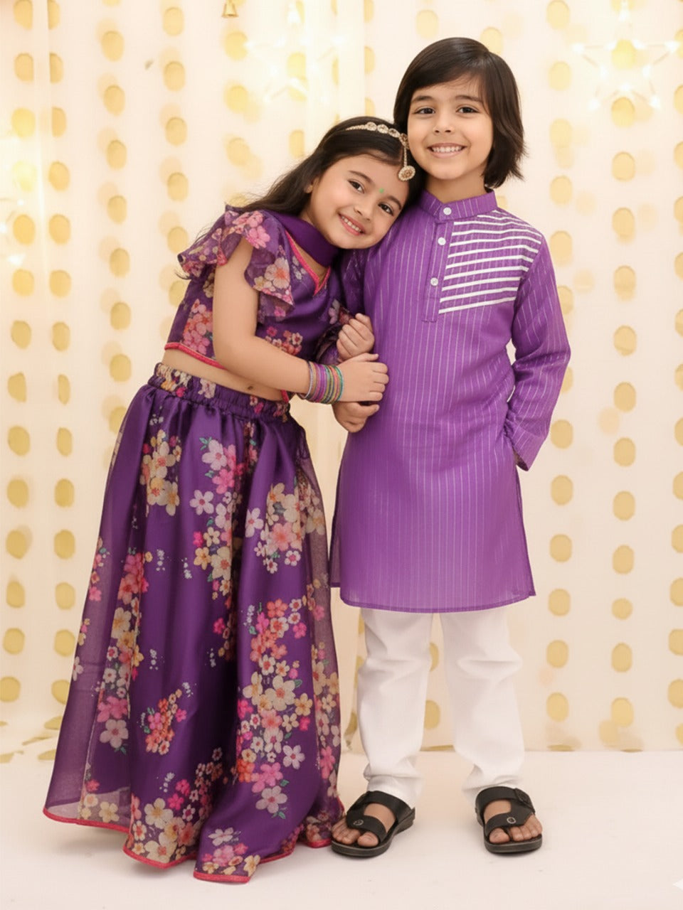 BownBee Floral lehenga Choli With Lurex Kurta Pajama Sibling Set - Purple