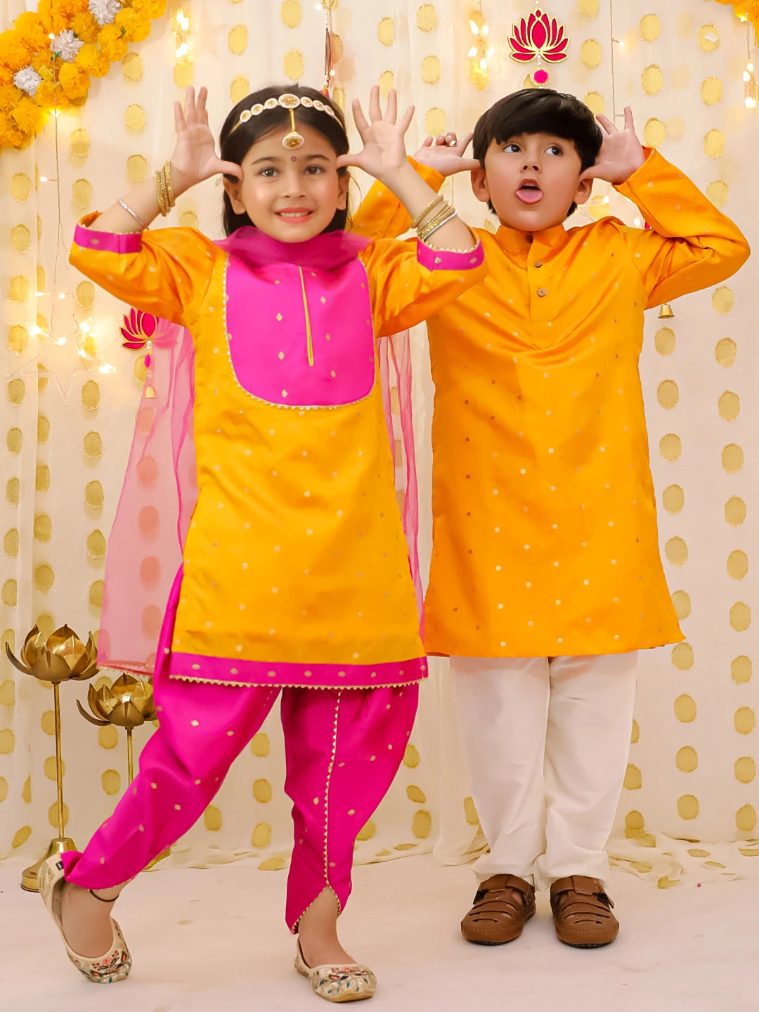 BownBee Festive Silk Ethnic Suit & Kurta Pajama Sibling Set
