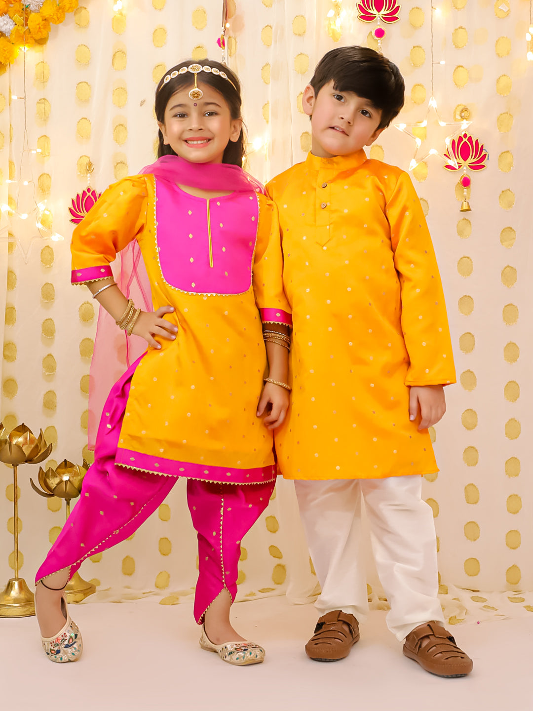 BownBee Festive Silk Ethnic Suit & Kurta Pajama Sibling Set - Orange