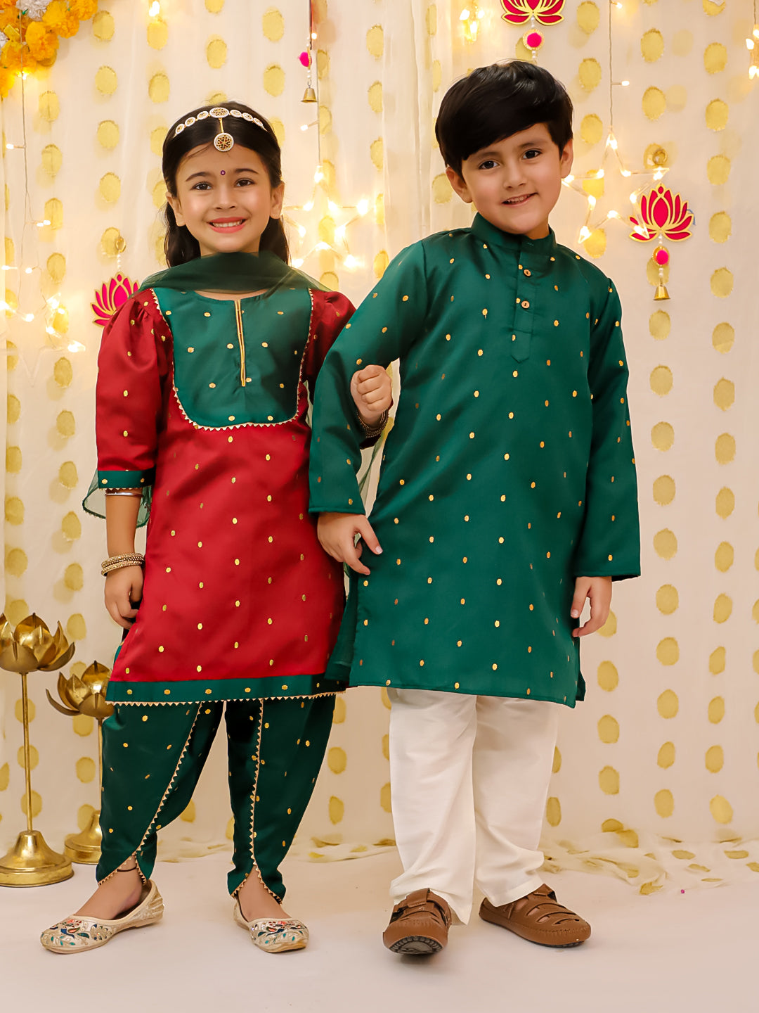 BownBee Festive Silk Ethnic Suit & Kurta Pajama Sibling Set - Orange