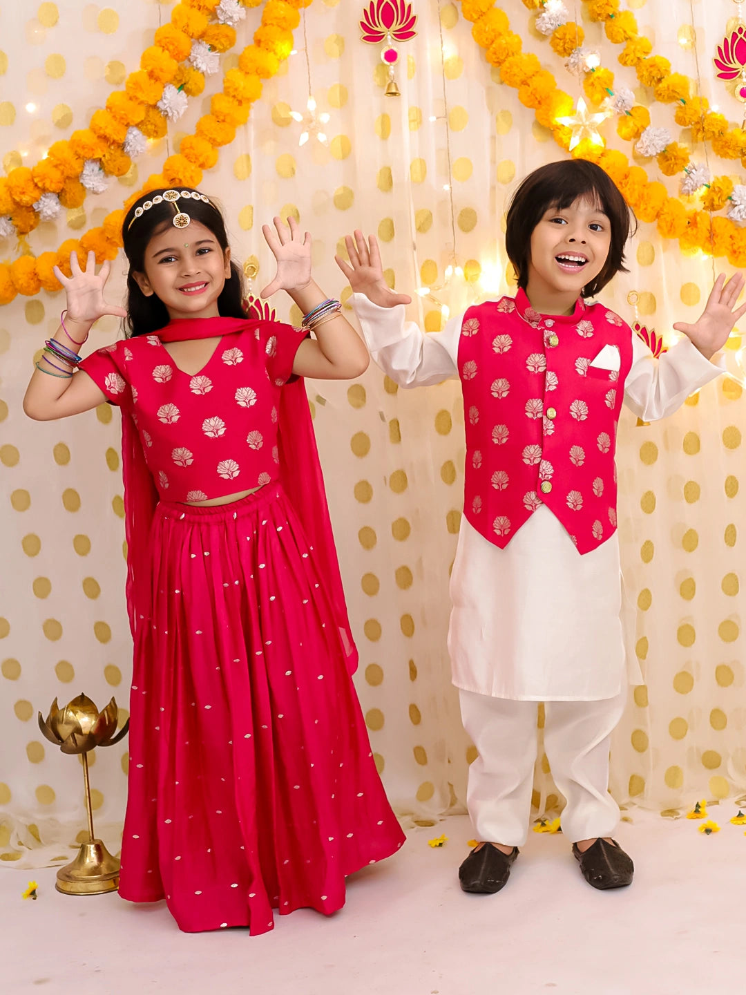 BownBee Chanderi Lehenga Choli & Kurta Pajama Jacket Sibling Set - Pink