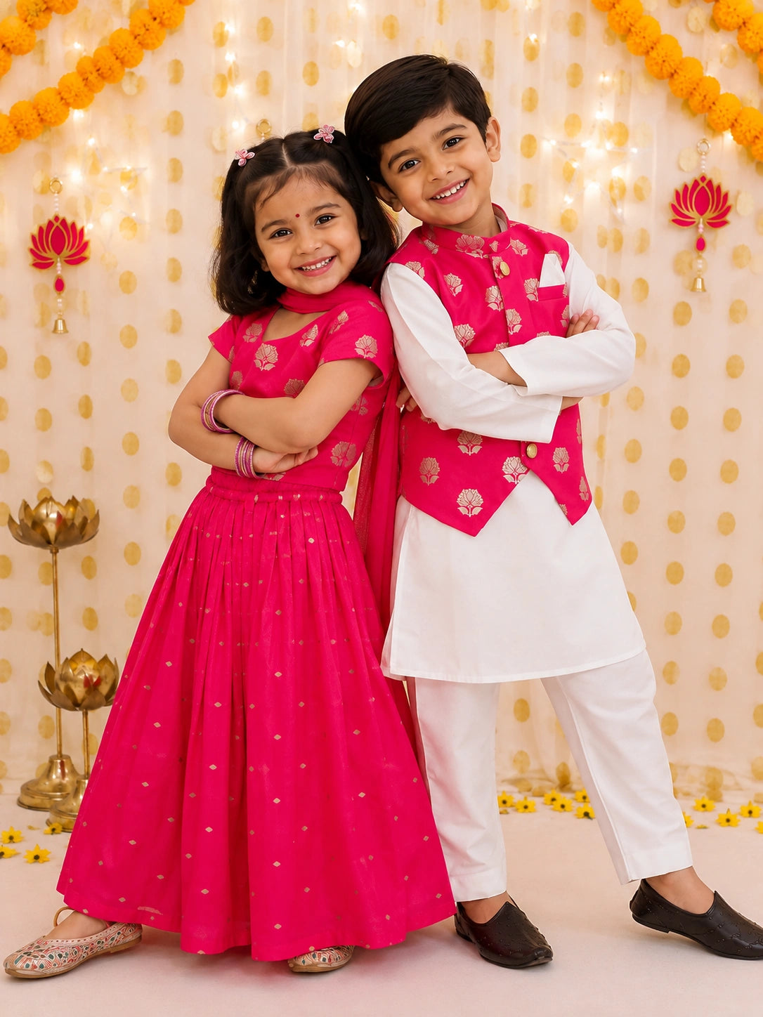 BownBee Chanderi Lehenga Choli & Kurta Pajama Jacket Sibling Set