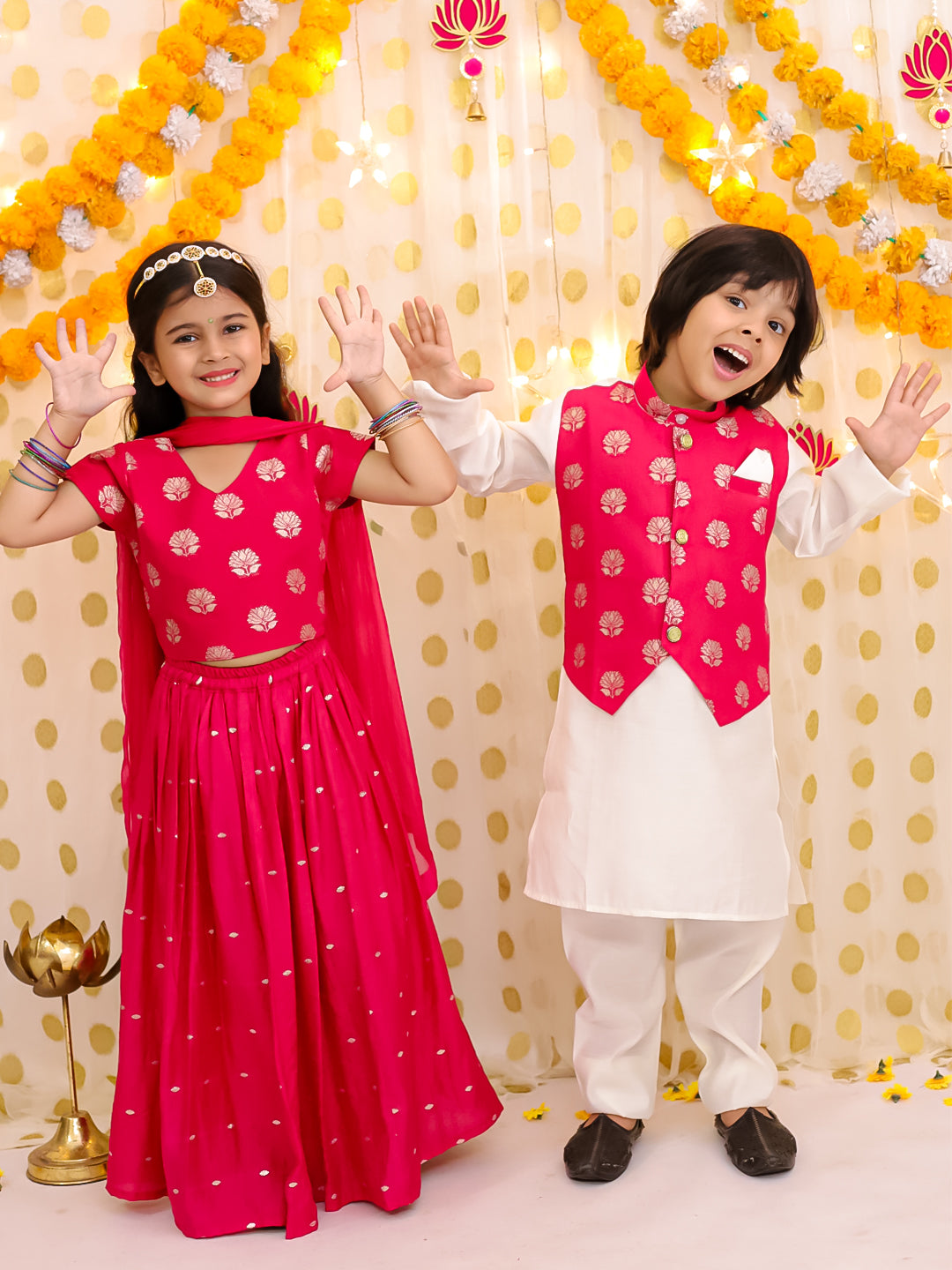 BownBee Chanderi Lehenga Choli & Kurta Pajama Jacket Sibling Set - Pink