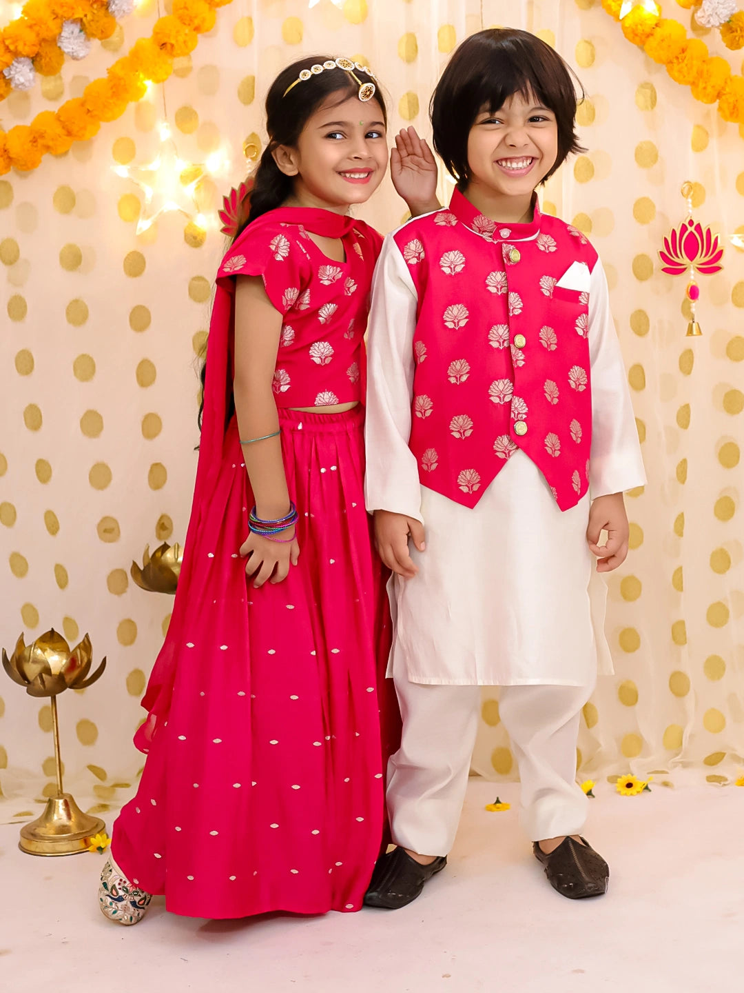 BownBee Chanderi Lehenga Choli & Kurta Pajama Jacket Sibling Set - Pink