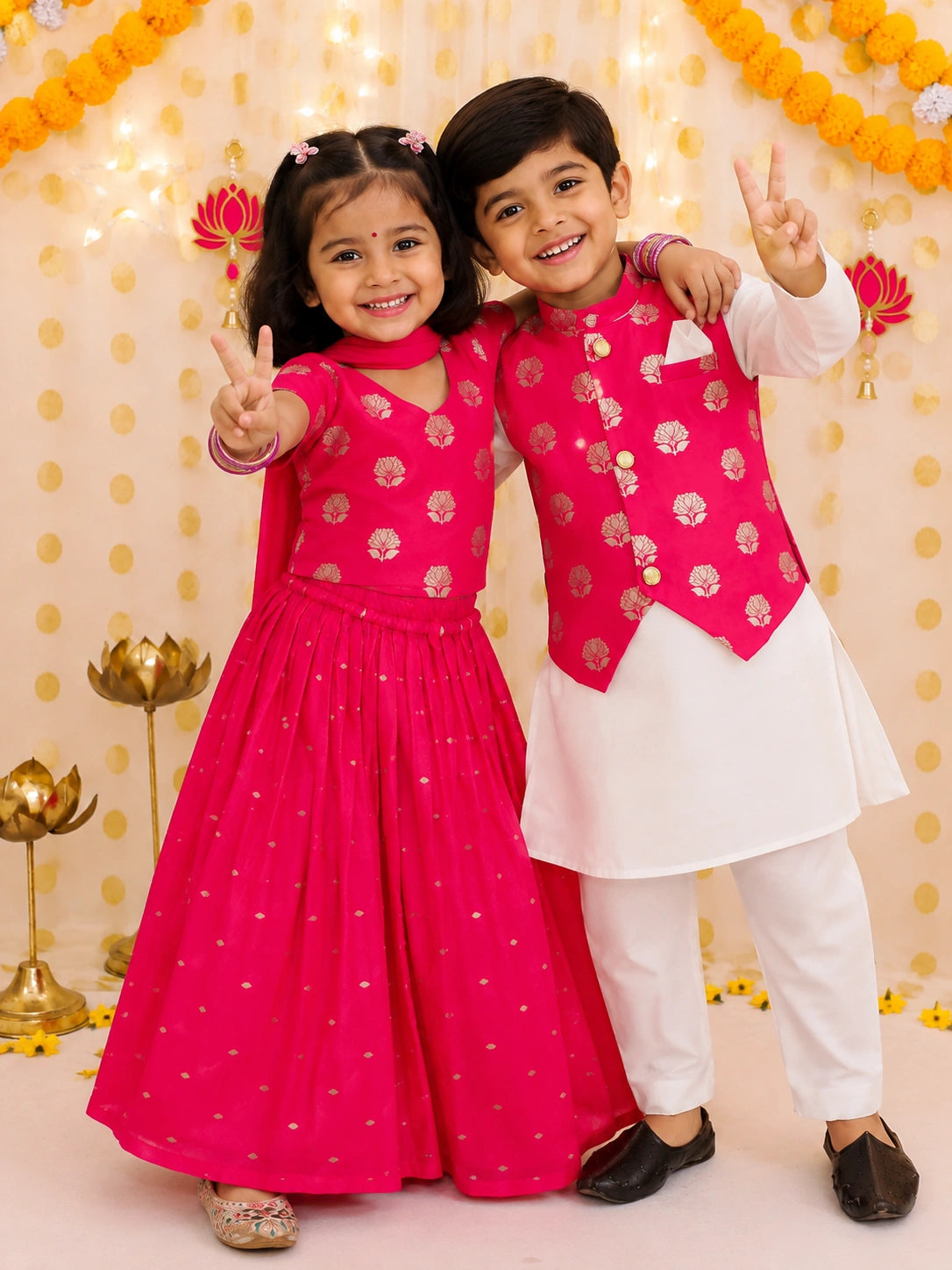 BownBee Chanderi Lehenga Choli & Kurta Pajama Jacket Sibling Set