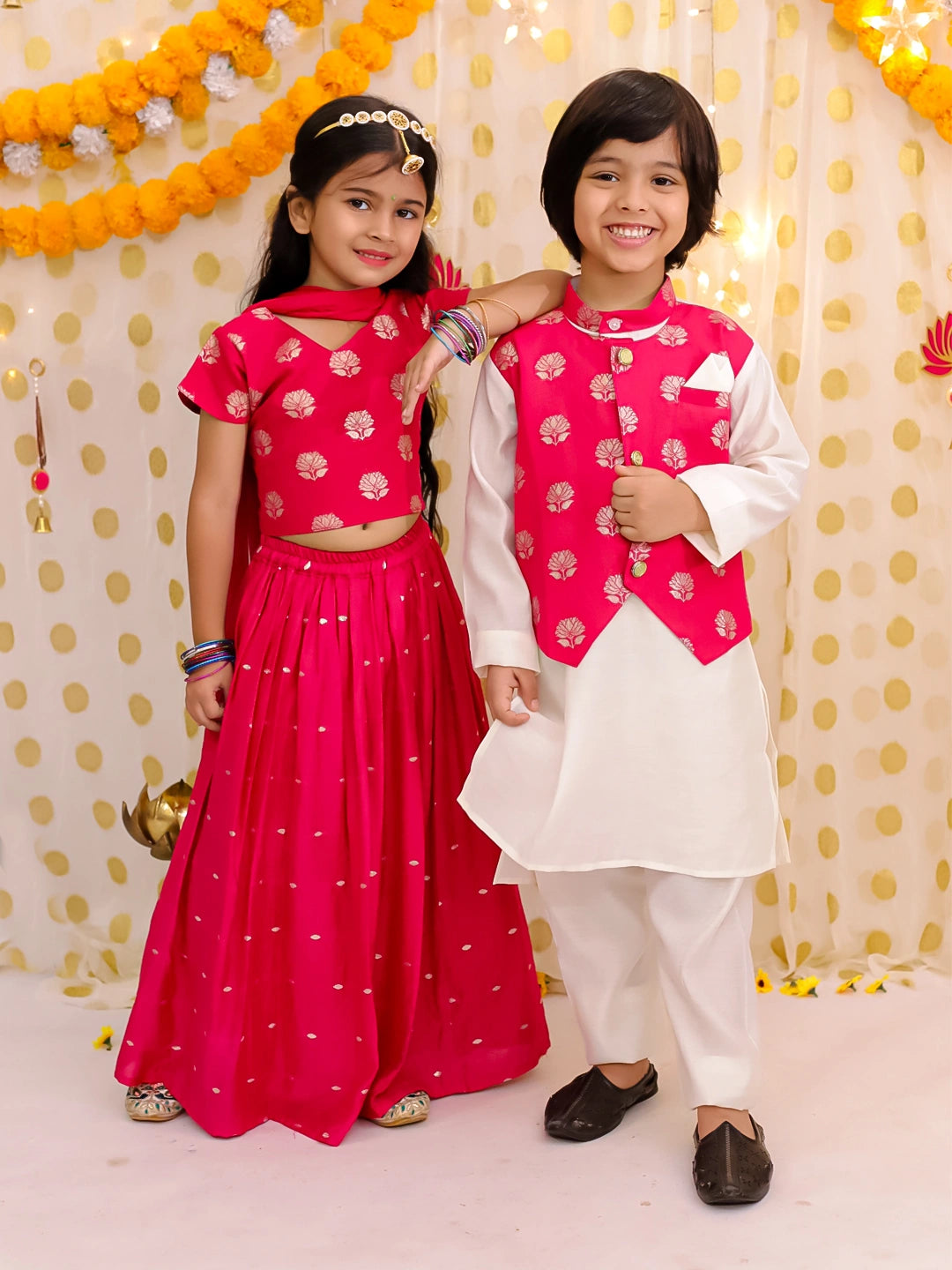 BownBee Chanderi Lehenga Choli & Kurta Pajama Jacket Sibling Set - Pink