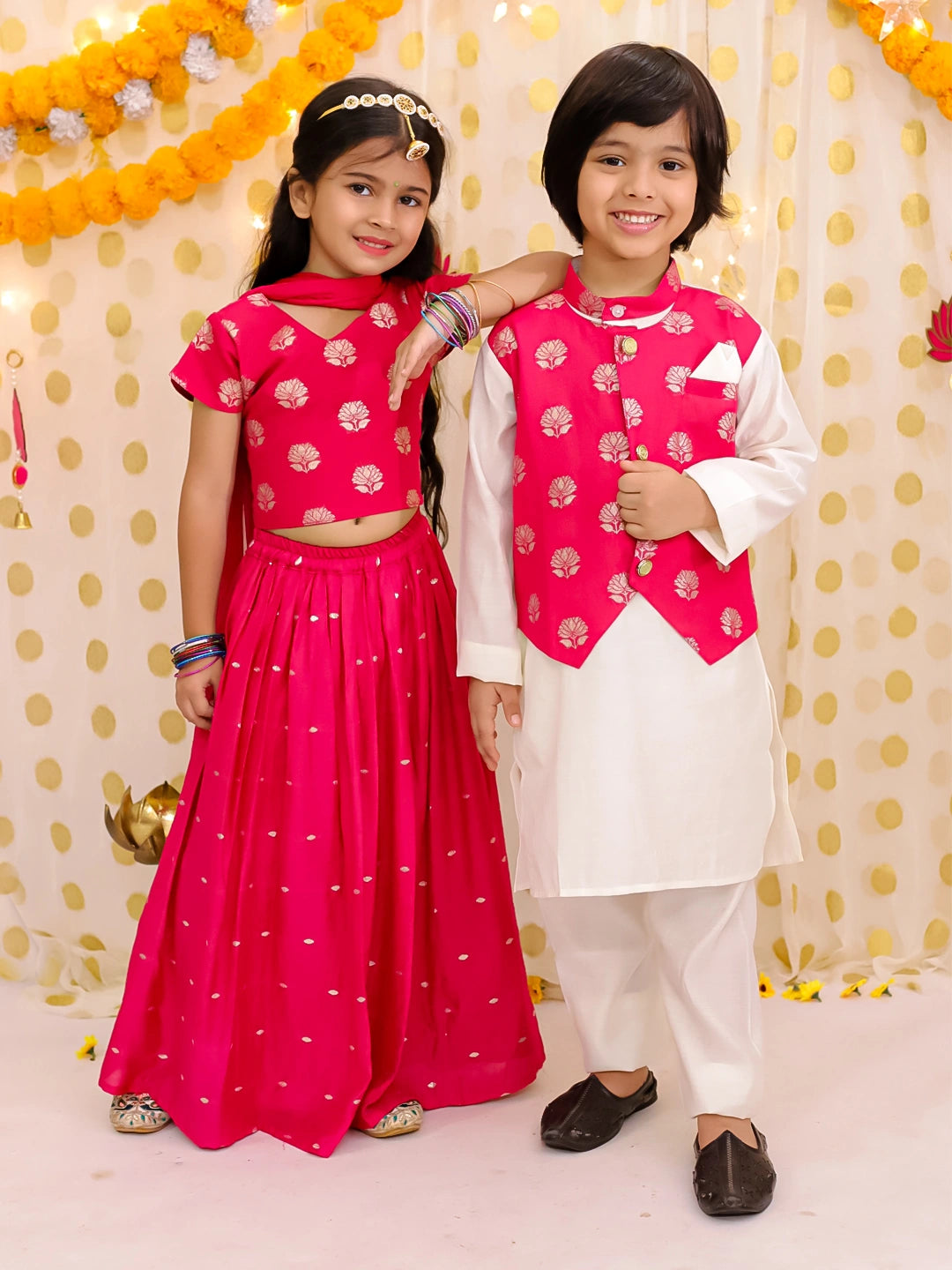 BownBee Chanderi Lehenga Choli & Kurta Pajama Jacket Sibling Set - Pink