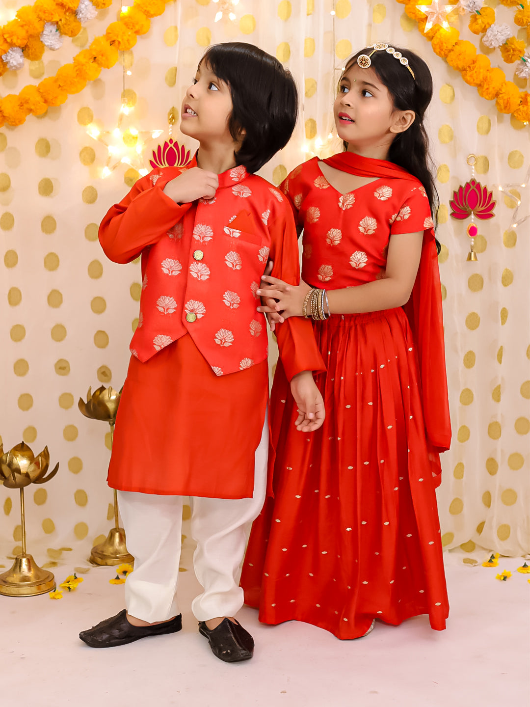 BownBee Chanderi Lehenga Choli & Kurta Pajama Jacket Sibling Set - Rust