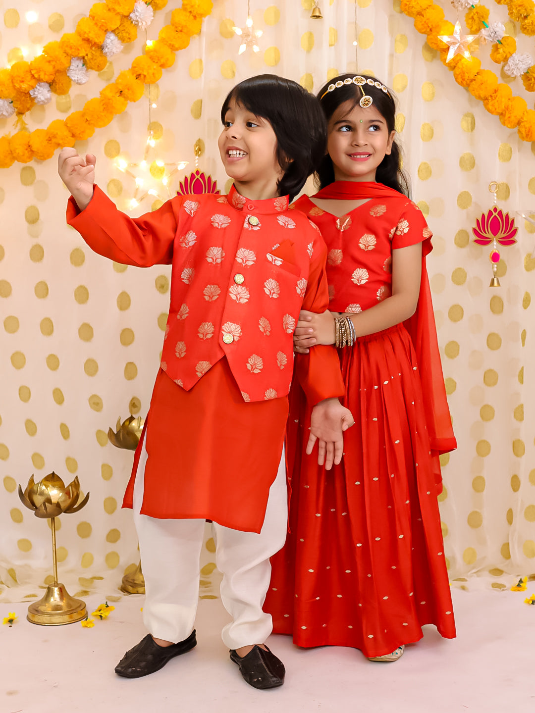 BownBee Chanderi Lehenga Choli & Kurta Pajama Jacket Sibling Set - Rust