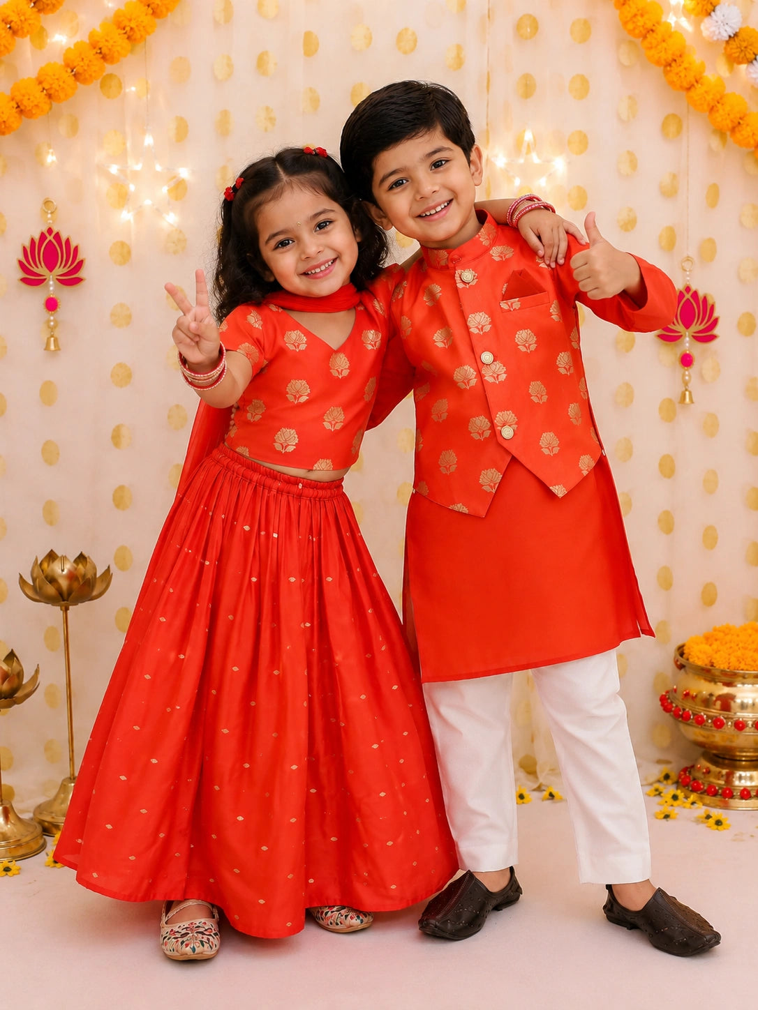 BownBee Chanderi Lehenga Choli & Kurta Pajama Jacket Sibling Set
