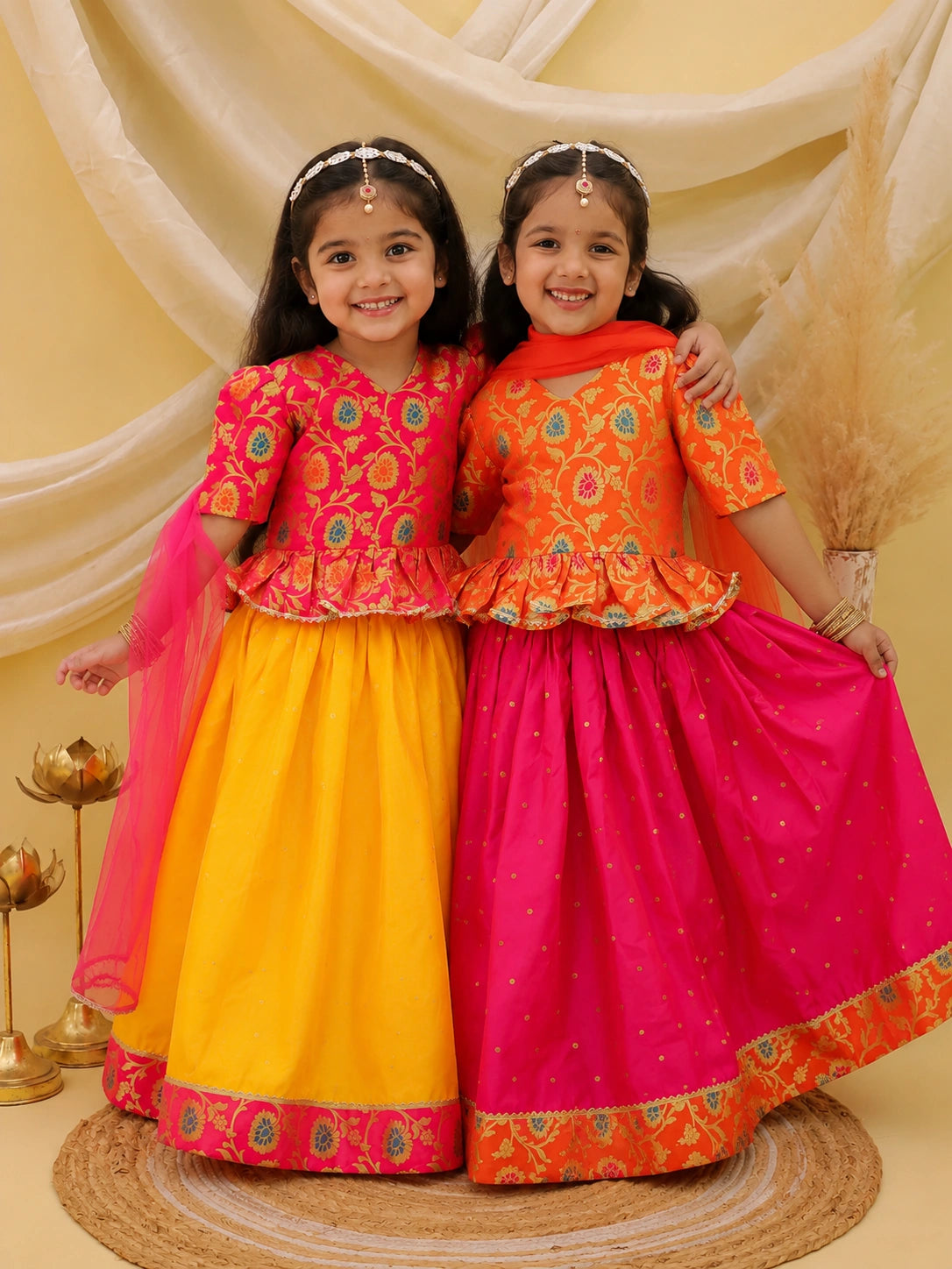 Short Sleeves jacquard Peplum Lehenga Choli With Dupatta Sibling Set Pink & Orange Combo