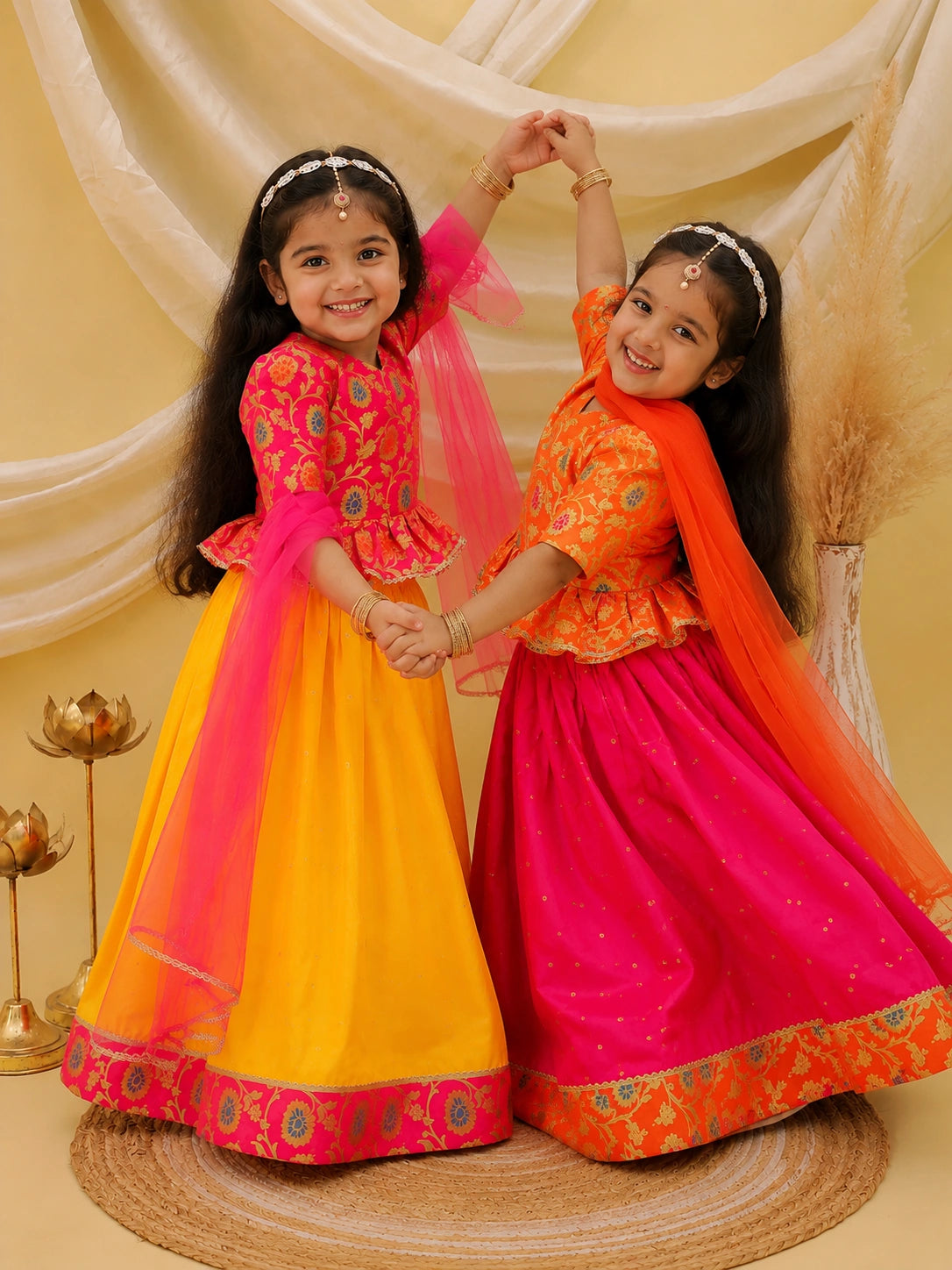 Short Sleeves jacquard Peplum Lehenga Choli With Dupatta Sibling Set Pink & Orange Combo