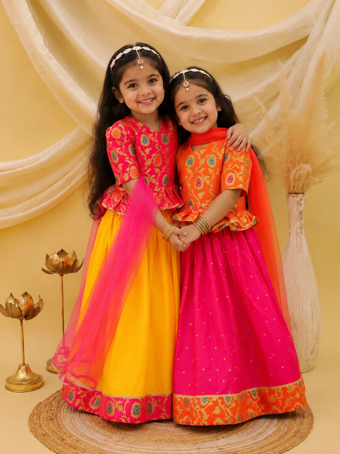 Short Sleeves jacquard Peplum Lehenga Choli With Dupatta Sibling Set Pink & Orange Combo