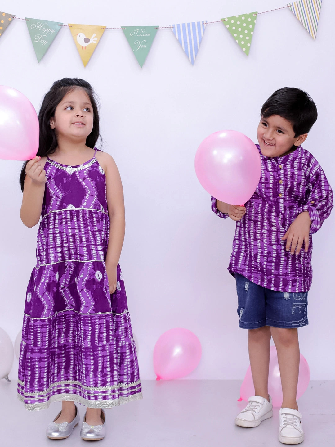 BownBee Pure Cotton Bandhani Short Kurta And Tier Dress Sibling Set