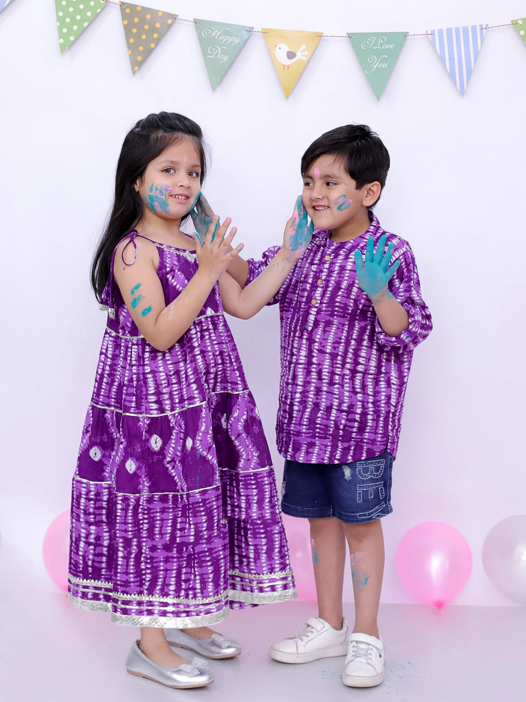 BownBee Pure Cotton Bandhani Short Kurta And Tier Dress Sibling Set