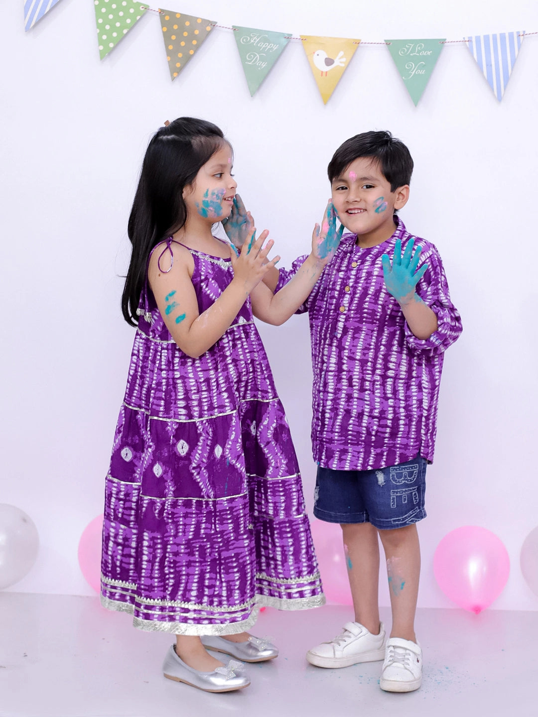 BownBee Pure Cotton Bandhani Short Kurta And Tier Dress Sibling Set