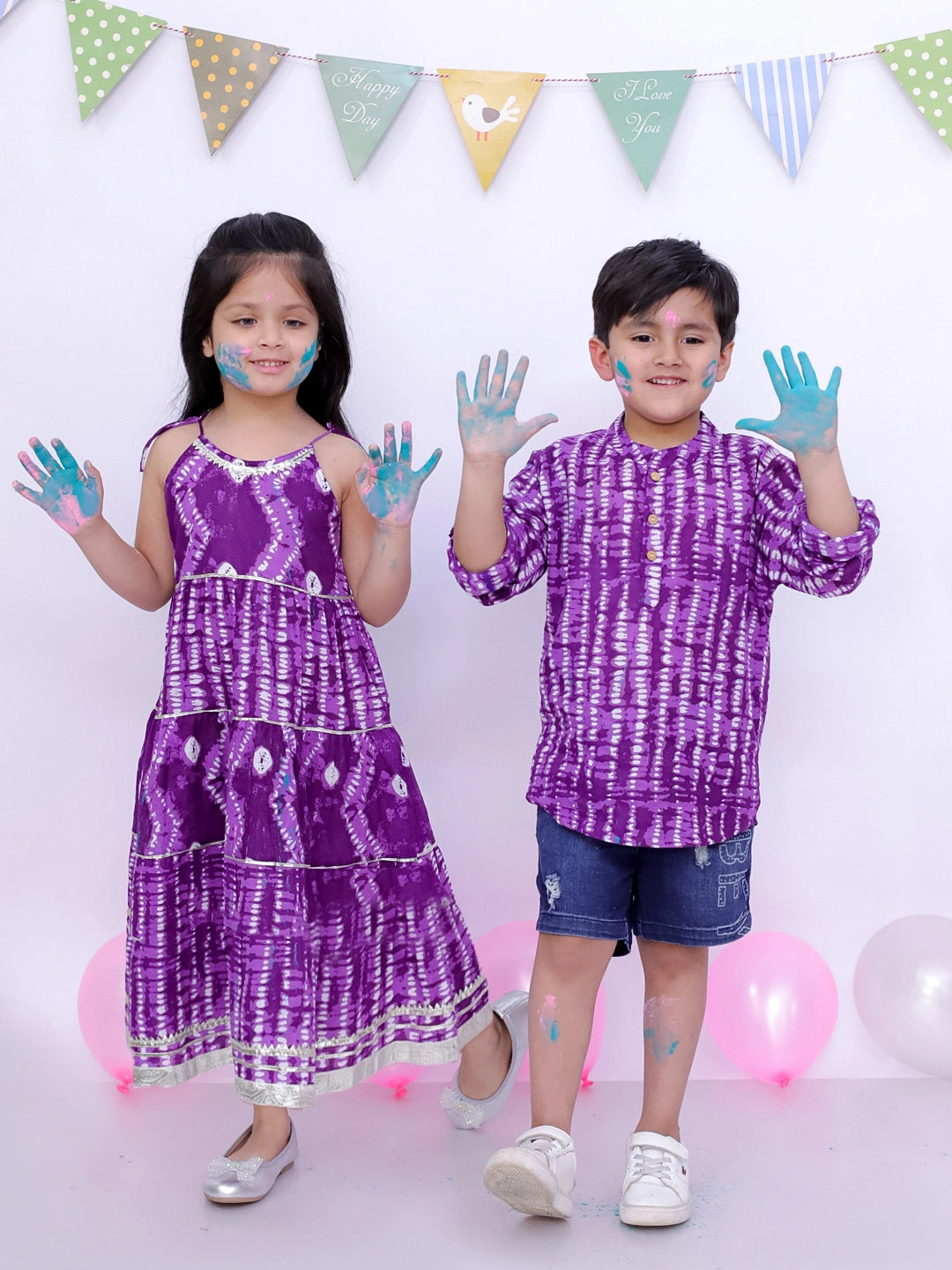 BownBee Pure Cotton Bandhani Short Kurta And Tier Dress Sibling Set