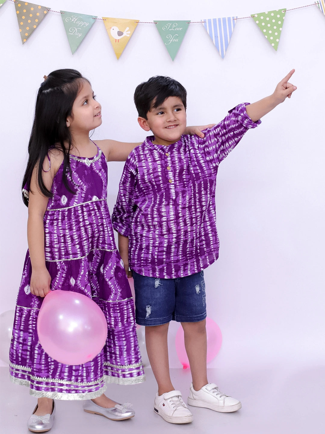 BownBee Pure Cotton Bandhani Short Kurta And Tier Dress Sibling Set