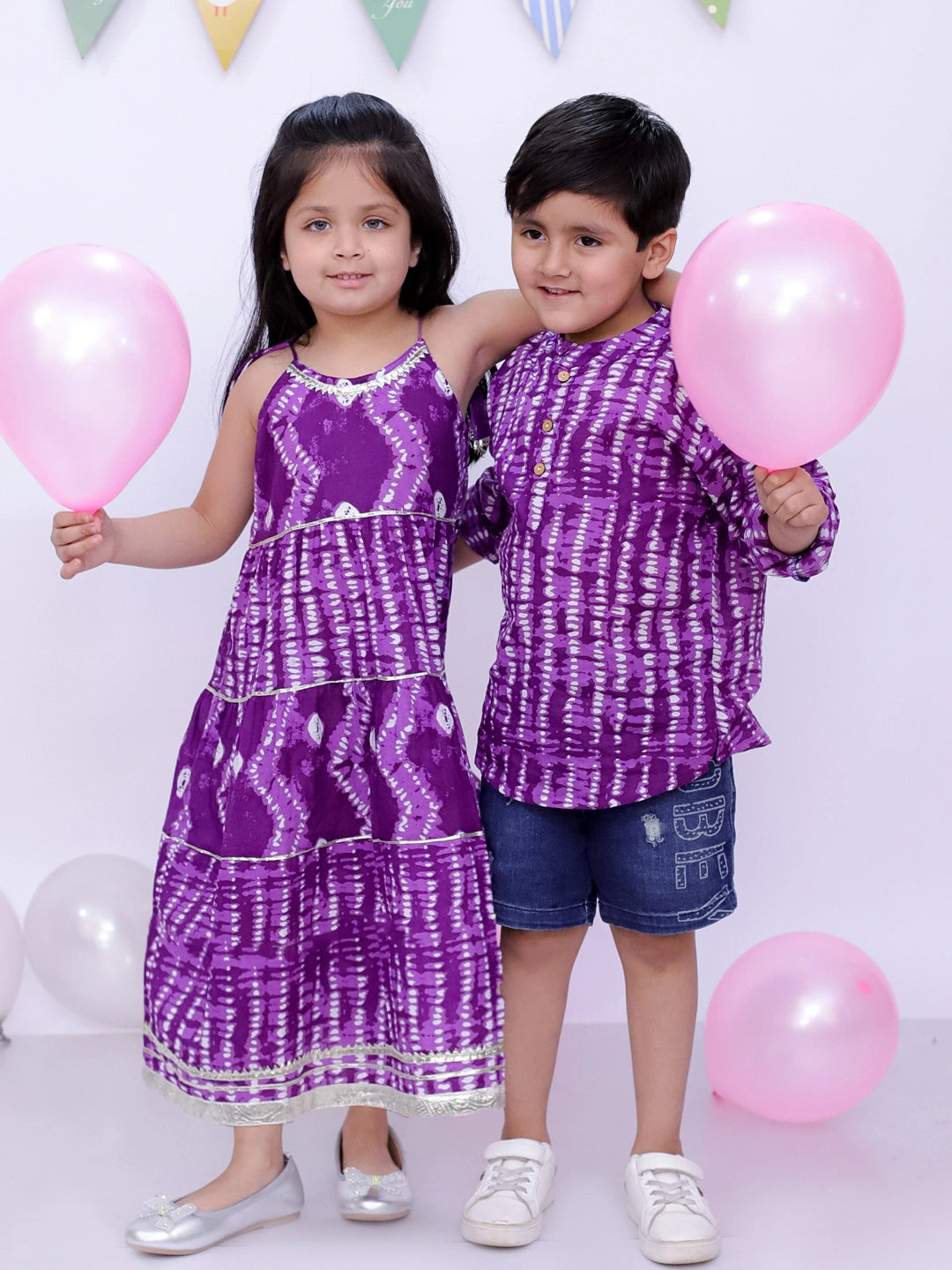 BownBee Pure Cotton Bandhani Short Kurta And Tier Dress Sibling Set