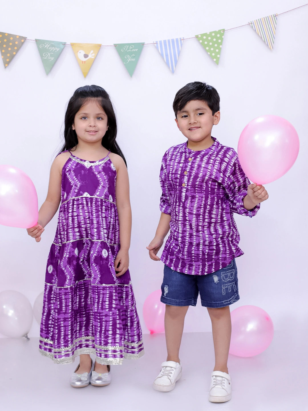 BownBee Pure Cotton Bandhani Short Kurta And Tier Dress Sibling Set