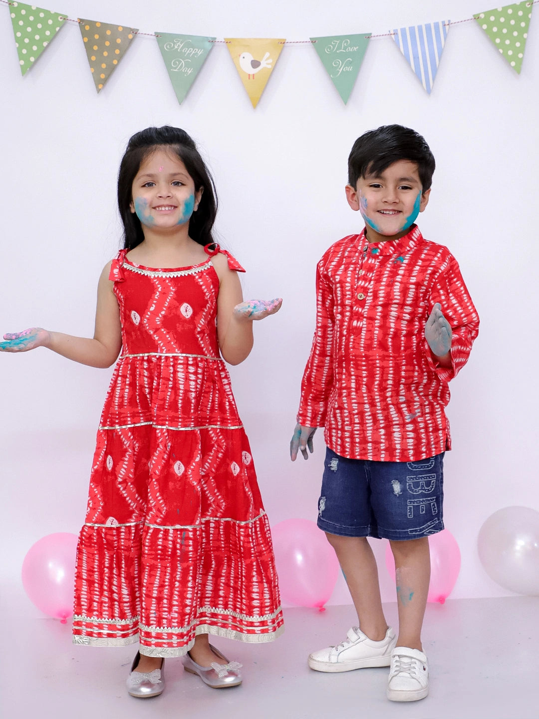 BownBee Pure Cotton Bandhani Short Kurta And Tier Dress Sibling Set