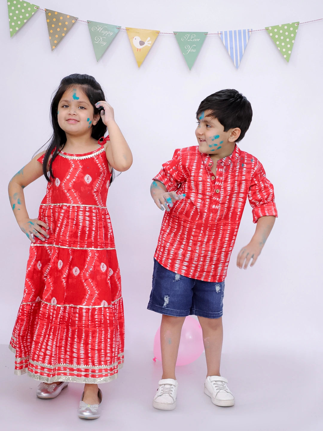 BownBee Pure Cotton Bandhani Short Kurta And Tier Dress Sibling Set