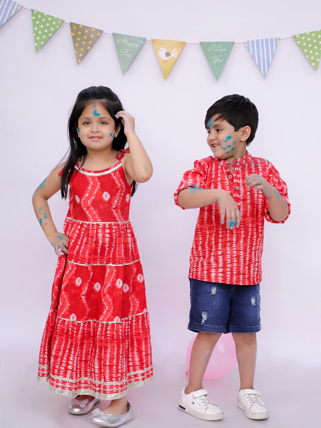 BownBee Pure Cotton Bandhani Short Kurta And Tier Dress Sibling Set