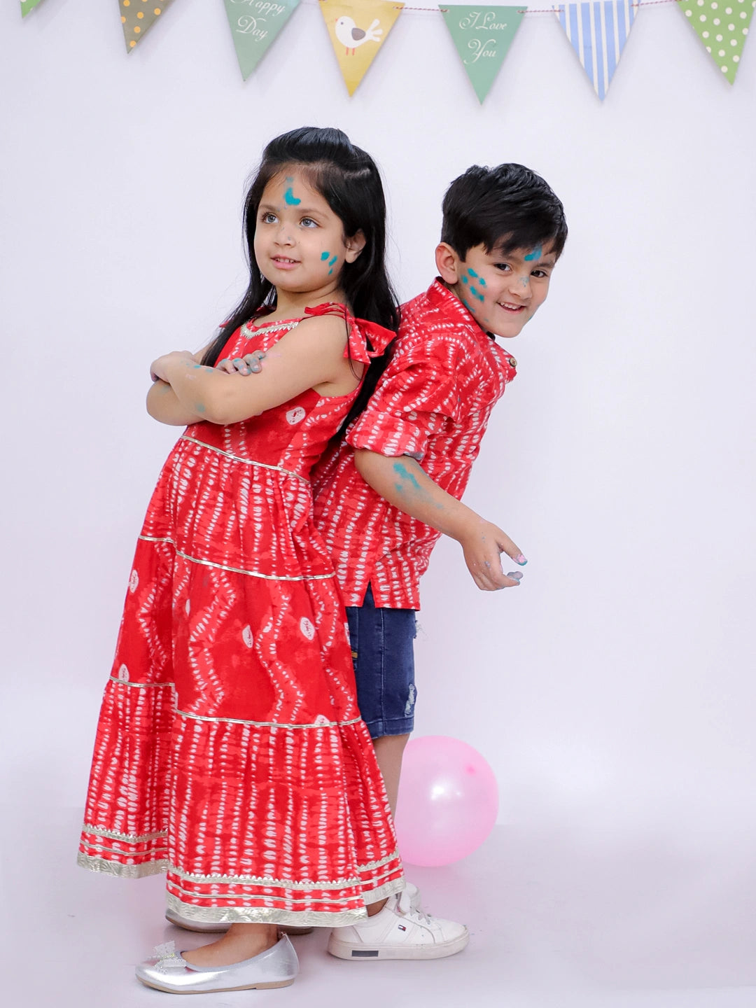 BownBee Pure Cotton Bandhani Short Kurta And Tier Dress Sibling Set