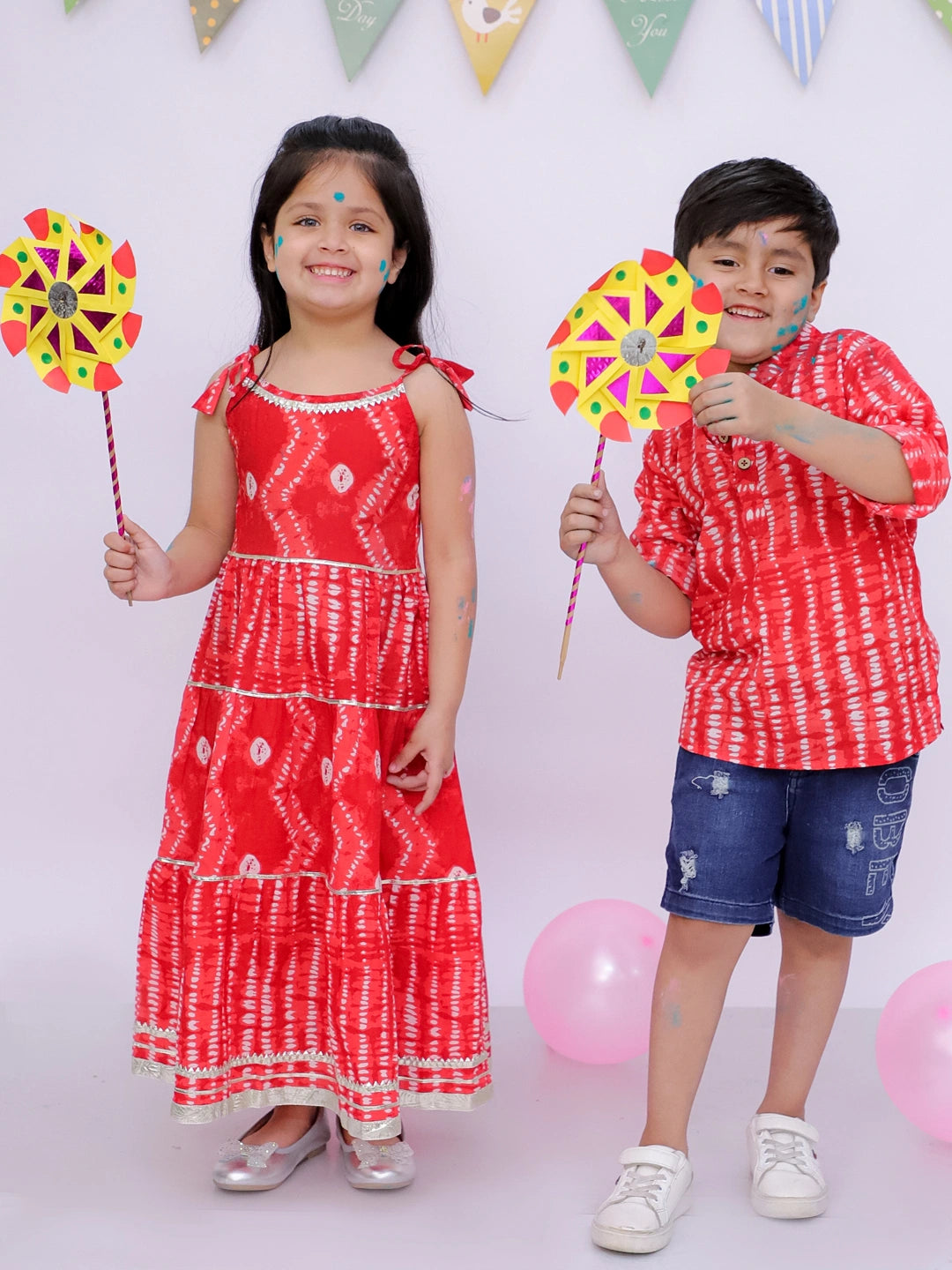 BownBee Pure Cotton Bandhani Short Kurta And Tier Dress Sibling Set